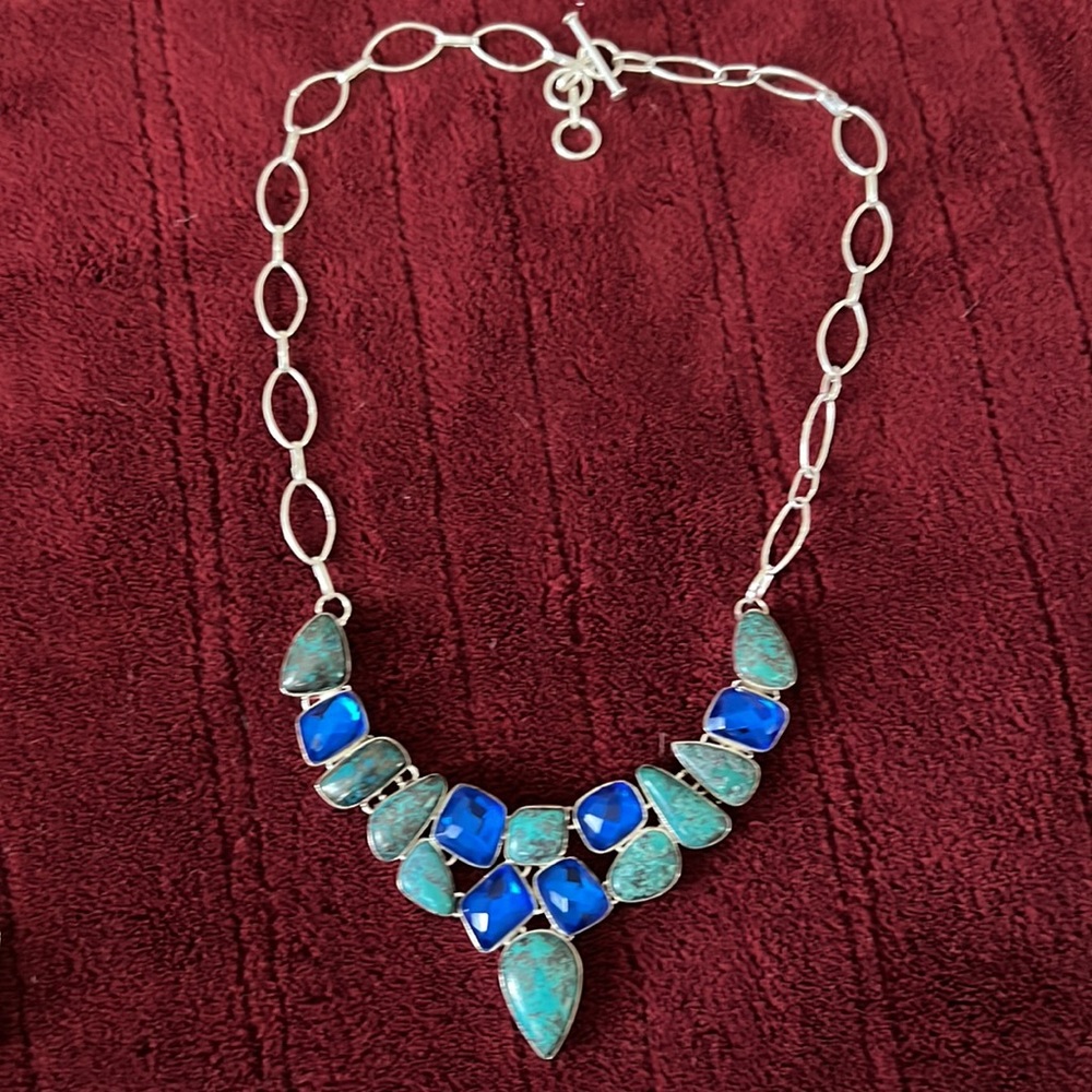 Sterling silver hand made turquoise gemstone bib necklace - Picture 2 of 4